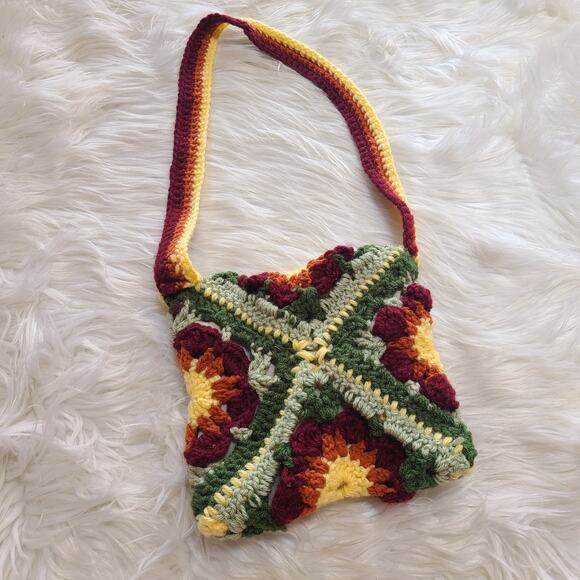 Vintage Handmade Crochet Floral Granny Square Purse Shoulder Bag Boho Cottage - Picture 2 of 5